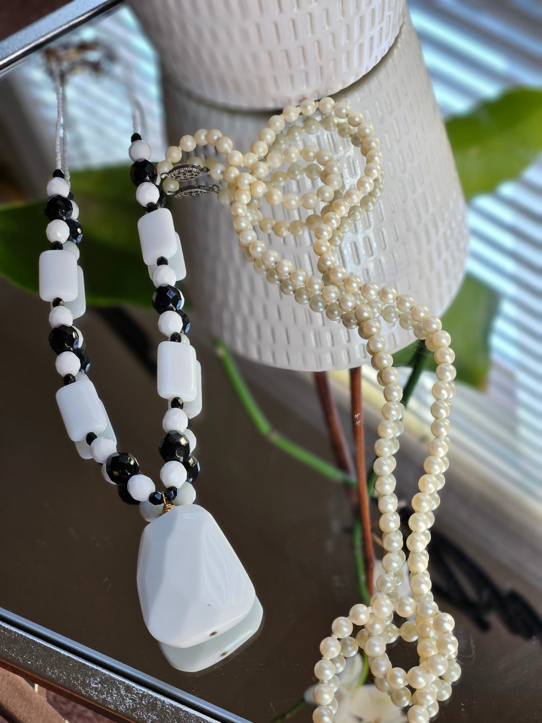 Black and White Lucite Necklace and Faux Pearl Necklace